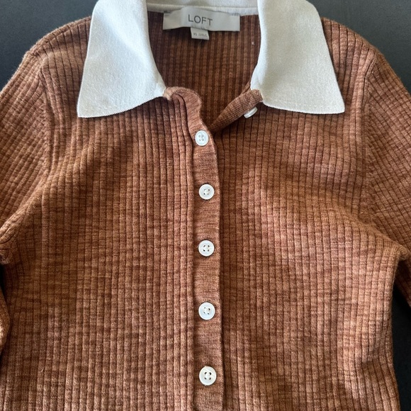 LOFT Ribbed Brown Cardigan with White Collar - Picture 1 of 4